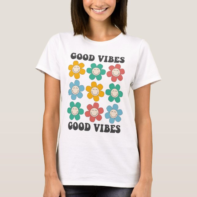 Good Vibes Retro Colourful Daisy Flowers T-Shirt (Front)