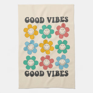 Good Vibes Retro Colourful Daisy Flowers Tea Towel