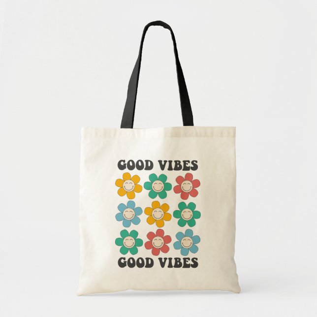 Good Vibes Retro Colourful Daisy Flowers Tote Bag (Front)