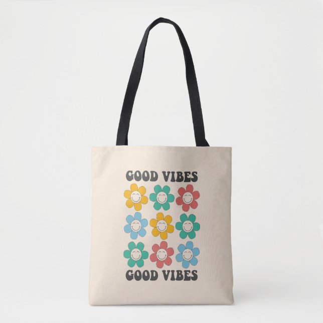 Good Vibes Retro Colourful Daisy Flowers Tote Bag (Front)