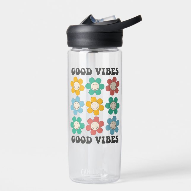 Good Vibes Retro Colourful Daisy Flowers Water Bottle (Left)
