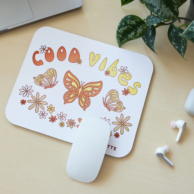 Good Vibes Retro Hippie Flower Butterfly Name Mouse Mat (Creator Uploaded)