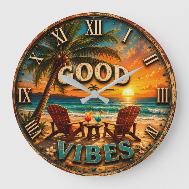 Good Vibes Tropical Beach Large Clock (Front)