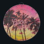 Good Vibes Tropical Pink Sunset Palm Tree Beach Dartboard<br><div class="desc">Bring the beach into your game room with this "Good Vibes" pink and yellow sunset palm tree beach design dartboard.</div>