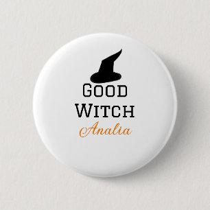 Good witch black hat halloween add name female spo 6 cm round badge