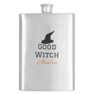 Good witch black hat halloween add name female spo hip flask
