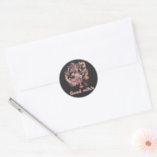 Good Witch Vintage Pink Halloween Magic & Cat Classic Round Sticker