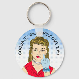 Goodbye 2020 Welcome 2021 Funny Retro Lady Flippin Key Ring
