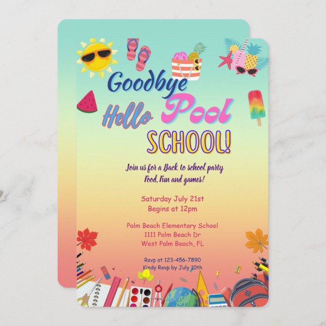 Goodbye Pool Hello School Back to School Party  Invitation (Front/Back)