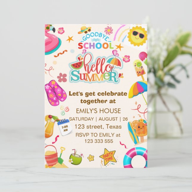 GOODBYE SCHOOL Hello summer PARTY, End of School  Invitation (Standing Front)