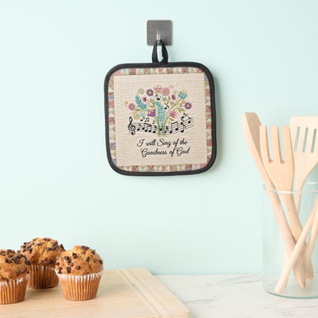 Goodness of God quilted look floral music Pot Holder (Insitu(Hanging))