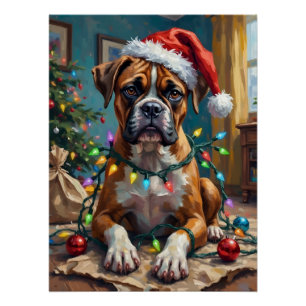 Goofy Boxer Dog Tangled in Christmas Lights Poster