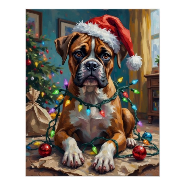 Goofy Boxer Dog Tangled in Christmas Lights Poster (Front)