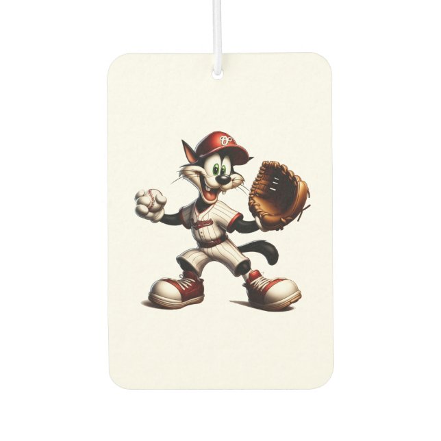 Goofy Cat Baseball Pitcher Winds Up Car Air Freshener (Front)
