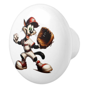 Goofy Cat Baseball Pitcher Winds Up Ceramic Knob
