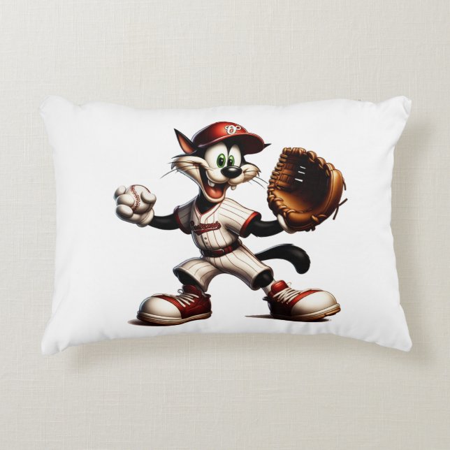 Goofy Cat Baseball Pitcher Winds Up Decorative Cushion (Front)