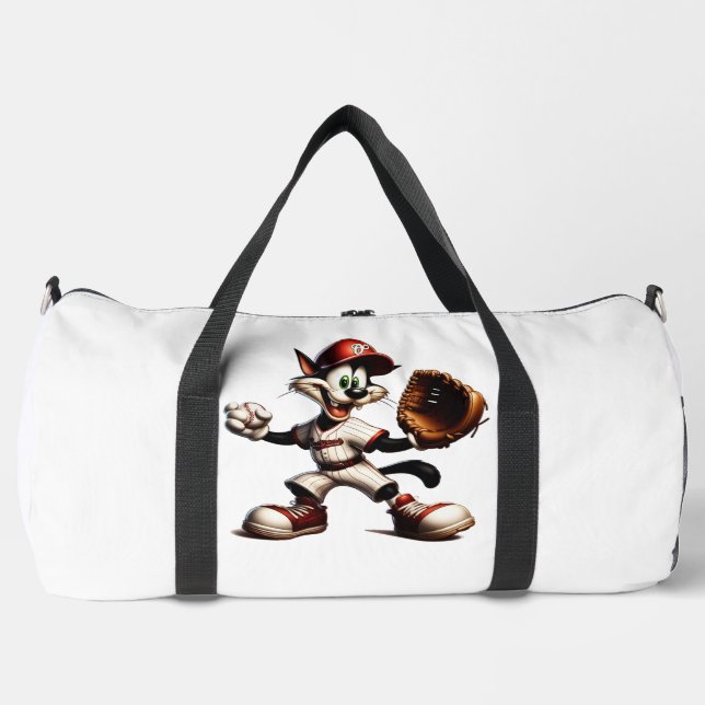 Goofy Cat Baseball Pitcher Winds Up Duffle Bag (Front)