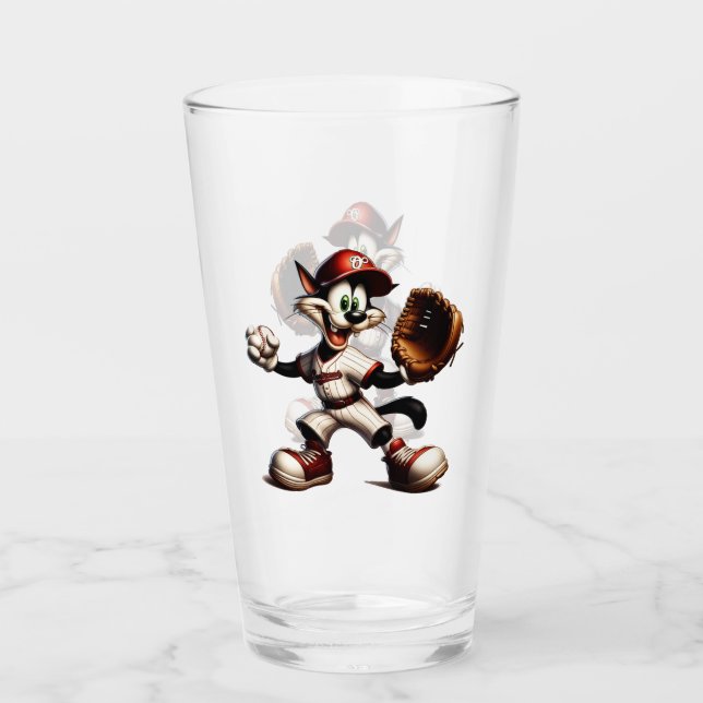 Goofy Cat Baseball Pitcher Winds Up Glass (Front)