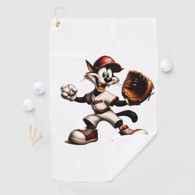 Goofy Cat Baseball Pitcher Winds Up Golf Towel (InSitu)