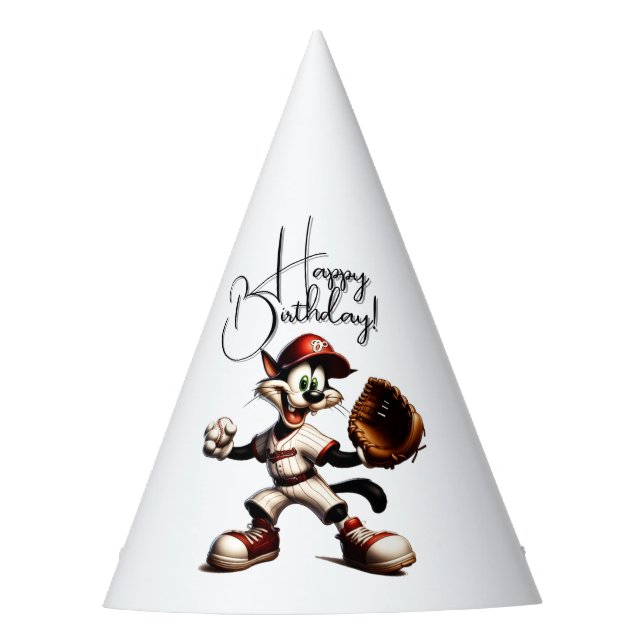 Goofy Cat Baseball Pitcher Winds Up Happy Birthday Party Hat (Front)