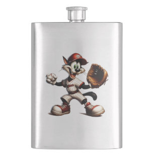 Goofy Cat Baseball Pitcher Winds Up Hip Flask