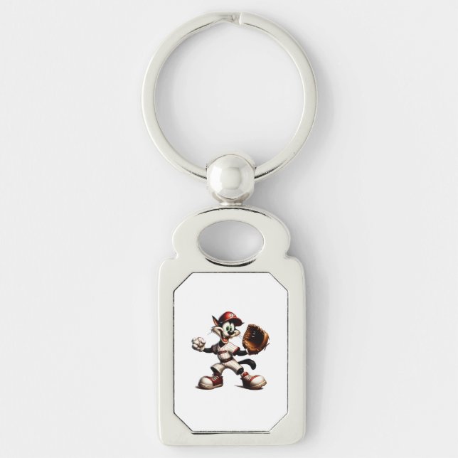 Goofy Cat Baseball Pitcher Winds Up Key Ring (Front)
