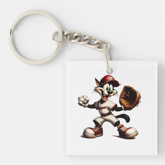 Goofy Cat Baseball Pitcher Winds Up Key Ring (Front)