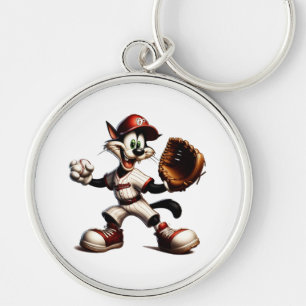 Goofy Cat Baseball Pitcher Winds Up Key Ring