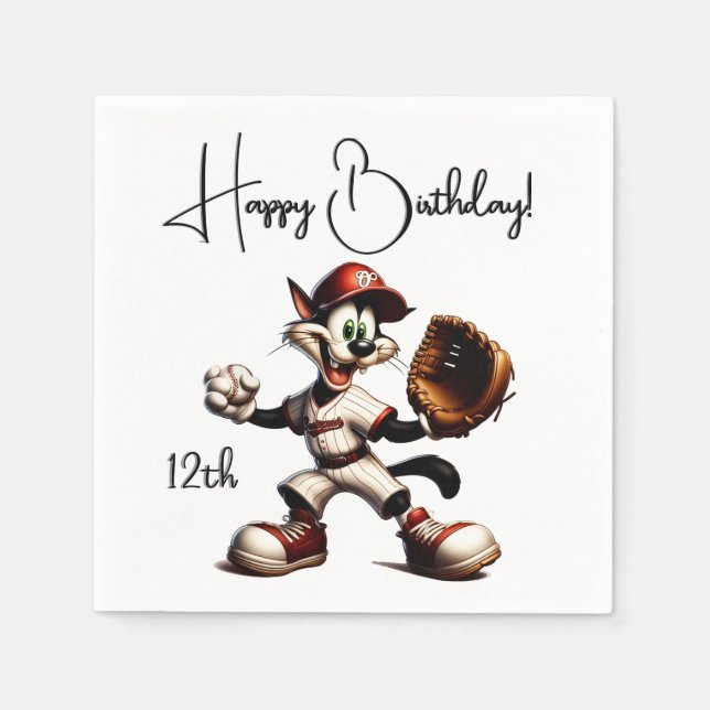 Goofy Cat Baseball Pitcher Winds Up Napkin (Front)