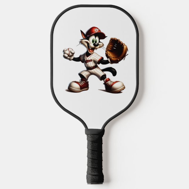 Goofy Cat Baseball Pitcher Winds Up Pickleball Paddle (Front)