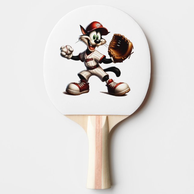 Goofy Cat Baseball Pitcher Winds Up Ping Pong Paddle (Front)