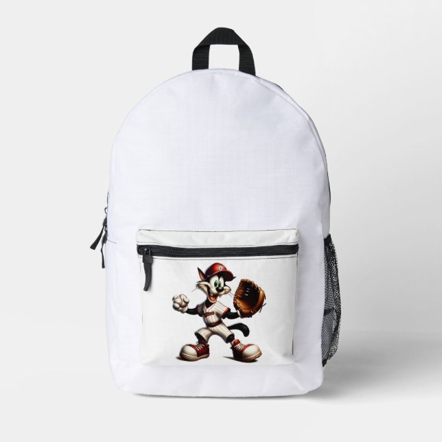 Goofy Cat Baseball Pitcher Winds Up Printed Backpack (Front)