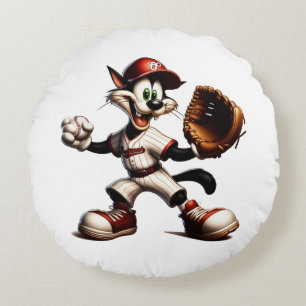 Goofy Cat Baseball Pitcher Winds Up Round Cushion