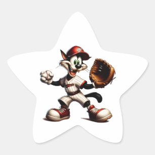 Goofy Cat Baseball Pitcher Winds Up Star Sticker
