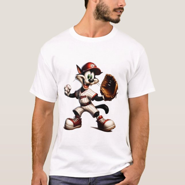 Goofy Cat Baseball Pitcher Winds Up T-Shirt (Front)