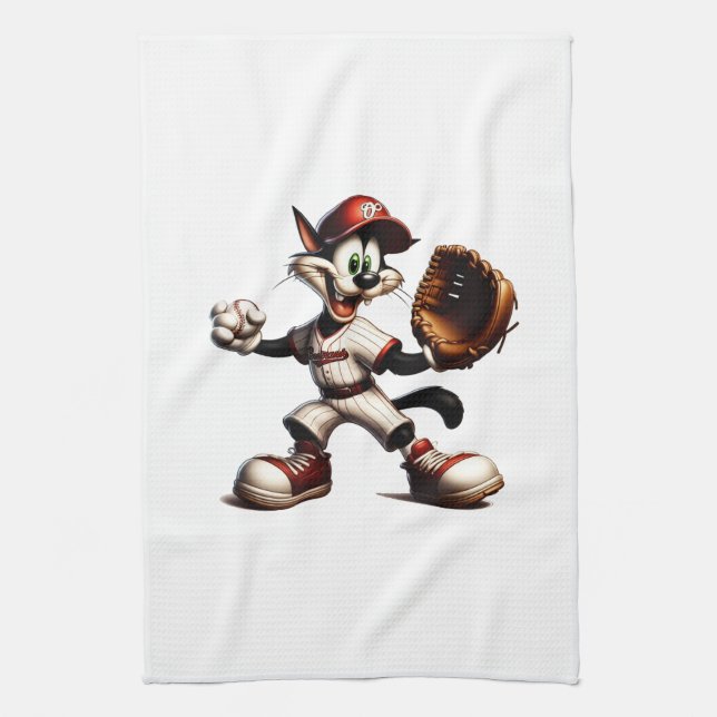 Goofy Cat Baseball Pitcher Winds Up Tea Towel (Vertical)