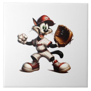 Goofy Cat Baseball Pitcher Winds Up Tile