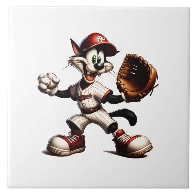 Goofy Cat Baseball Pitcher Winds Up Tile (Front)