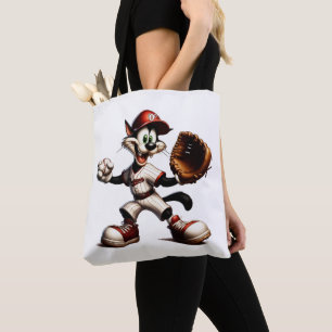 Goofy Cat Baseball Pitcher Winds Up Tote Bag