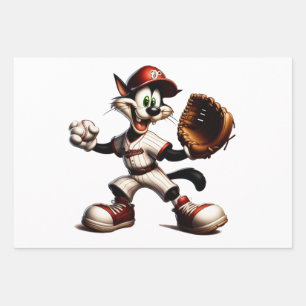 Goofy Cat Baseball Pitcher Winds Up Wrapping Paper Sheet