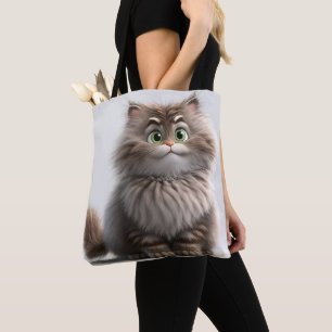 GOOFY SMILING GRAY TABBY CARTOON CAT TOTE BAG