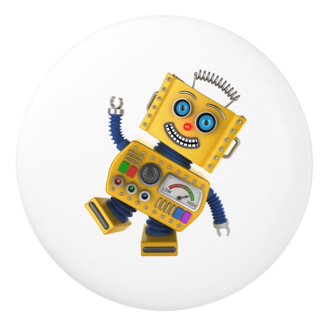Goofy yellow toy robot ceramic knob (Front)