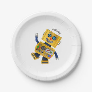 Goofy yellow toy robot paper plate