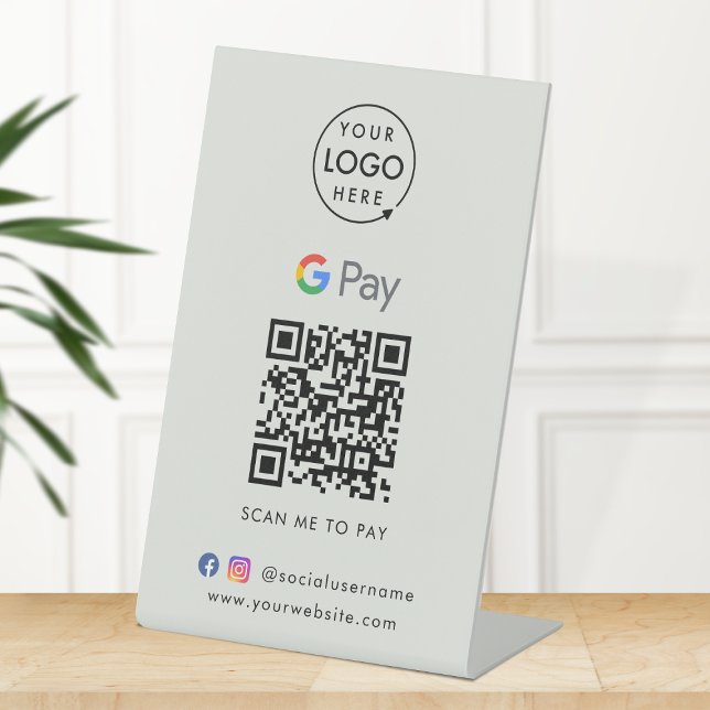 Google Pay QR Code | Contactless Payment Grey Pedestal Sign (Interactive "scan to pay” QR code cash wrap table sign for collecting digital payment by Google Pay.)