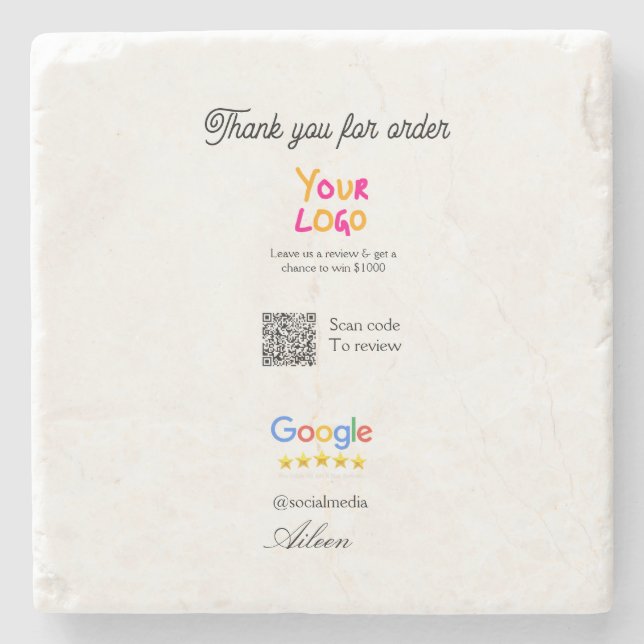 Google review business logo website scan QR code Stone Coaster (Front)