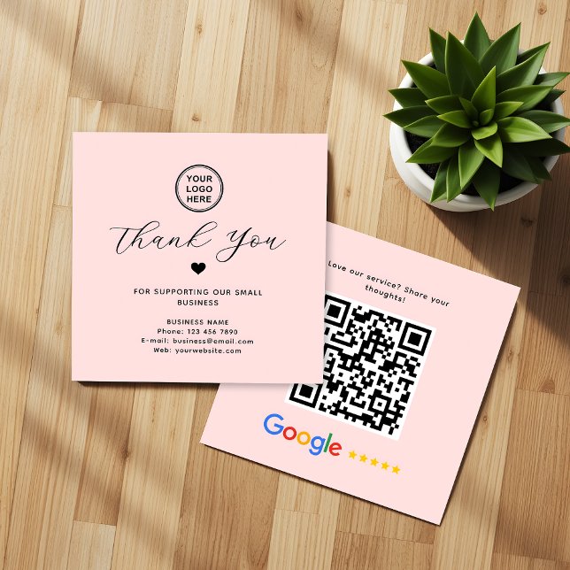 Google Review QR Code Thank You Square Pink Business Card (Creator Uploaded)