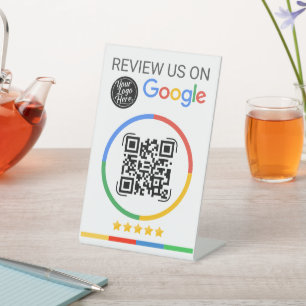 Google Review QR Code with Stars White Pedestal Sign
