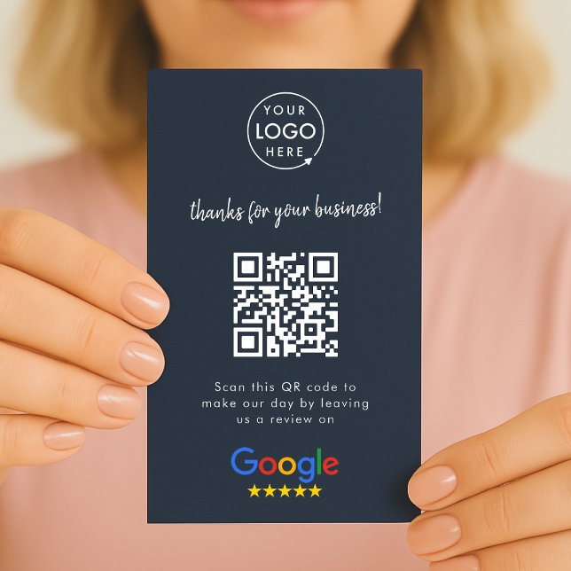 Google Review us Business Thank You QR Code Navy Card (Google Review interactive QR code business card branded with your company logo.)