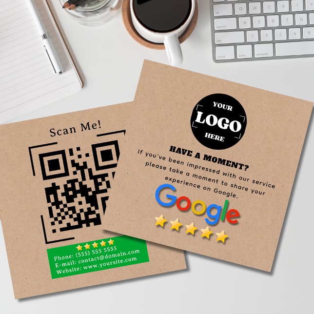 Google Review With QR Code Link Kraft Rustic Square Business Card (Creator Uploaded)