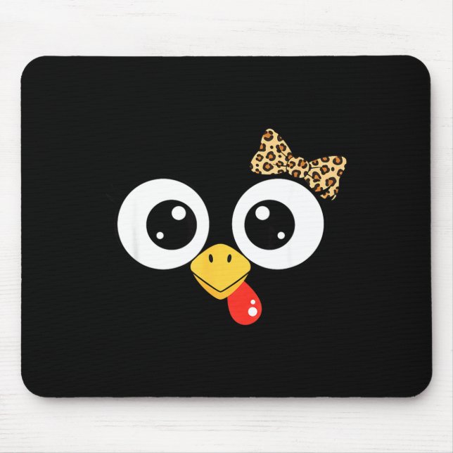 Googly-eyed Turkey With Leopard Bow, Funny Cartoon Mouse Mat (Front)